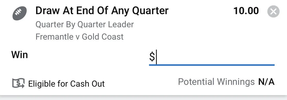 Draw at End Of Any Quarter - Stake 0.5 Units, Minimum Odds 9, Best Book Sportsbet