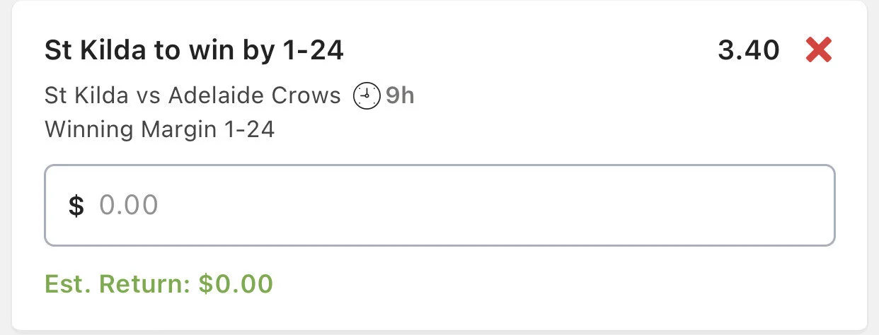 St Kilda to win by 1-24 - Stake 1.5 Units, Minimum Odds 3.2, Best Book Lads/Neds