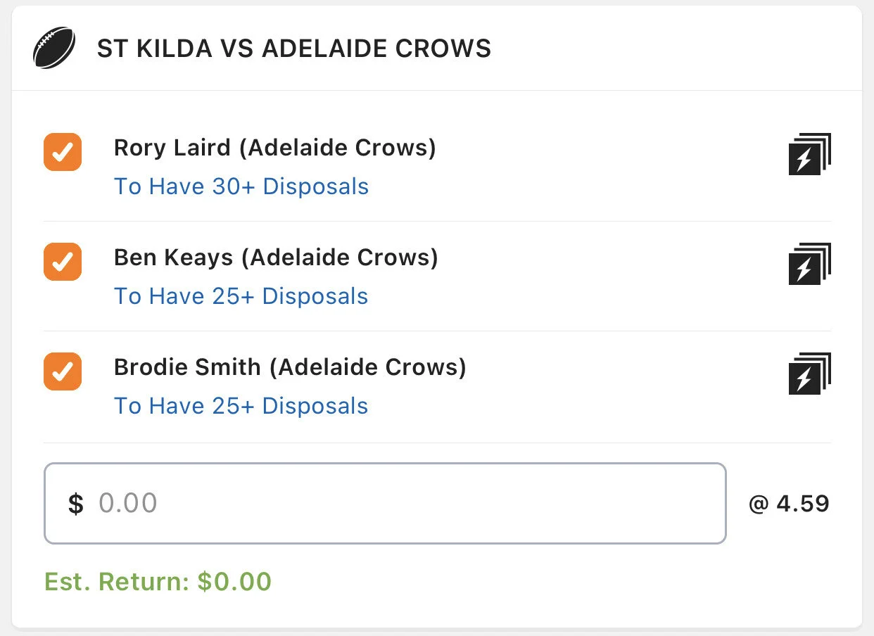 Crows SGM - Stake 1.5 Units, Minimum Odds 3.7, Best Book Lads/Neds