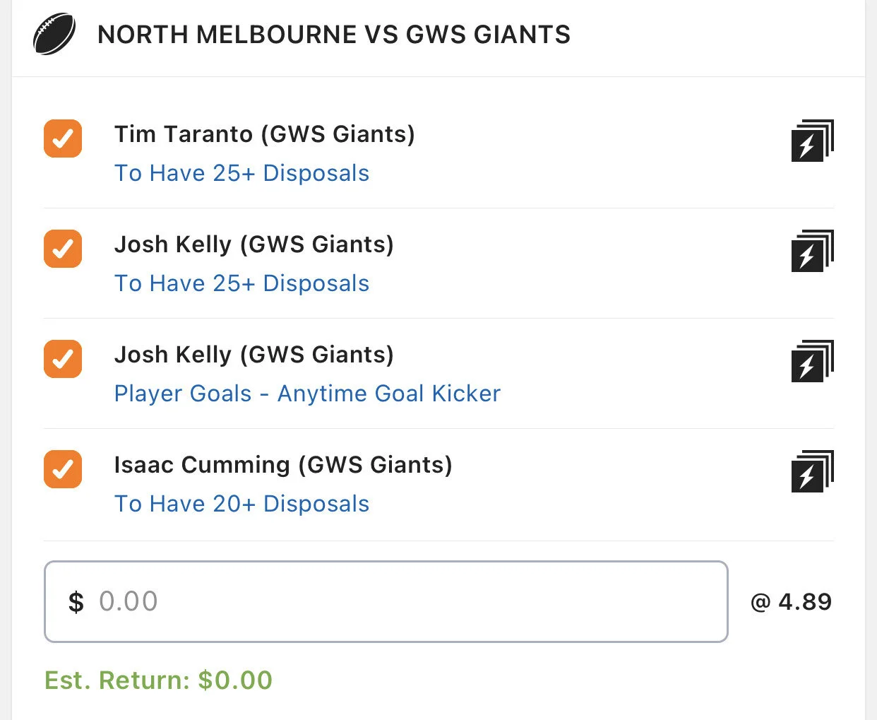 GWS SGM - Stake 1.5 Units, Minimum Odds 4.25, Best Book Lads/Neds