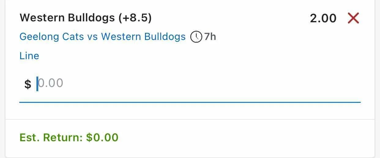 Western Bulldogs Handicap, Stake 2.5 Units, Min Line +6.5 @ $2, Best Book Lads/Neds.