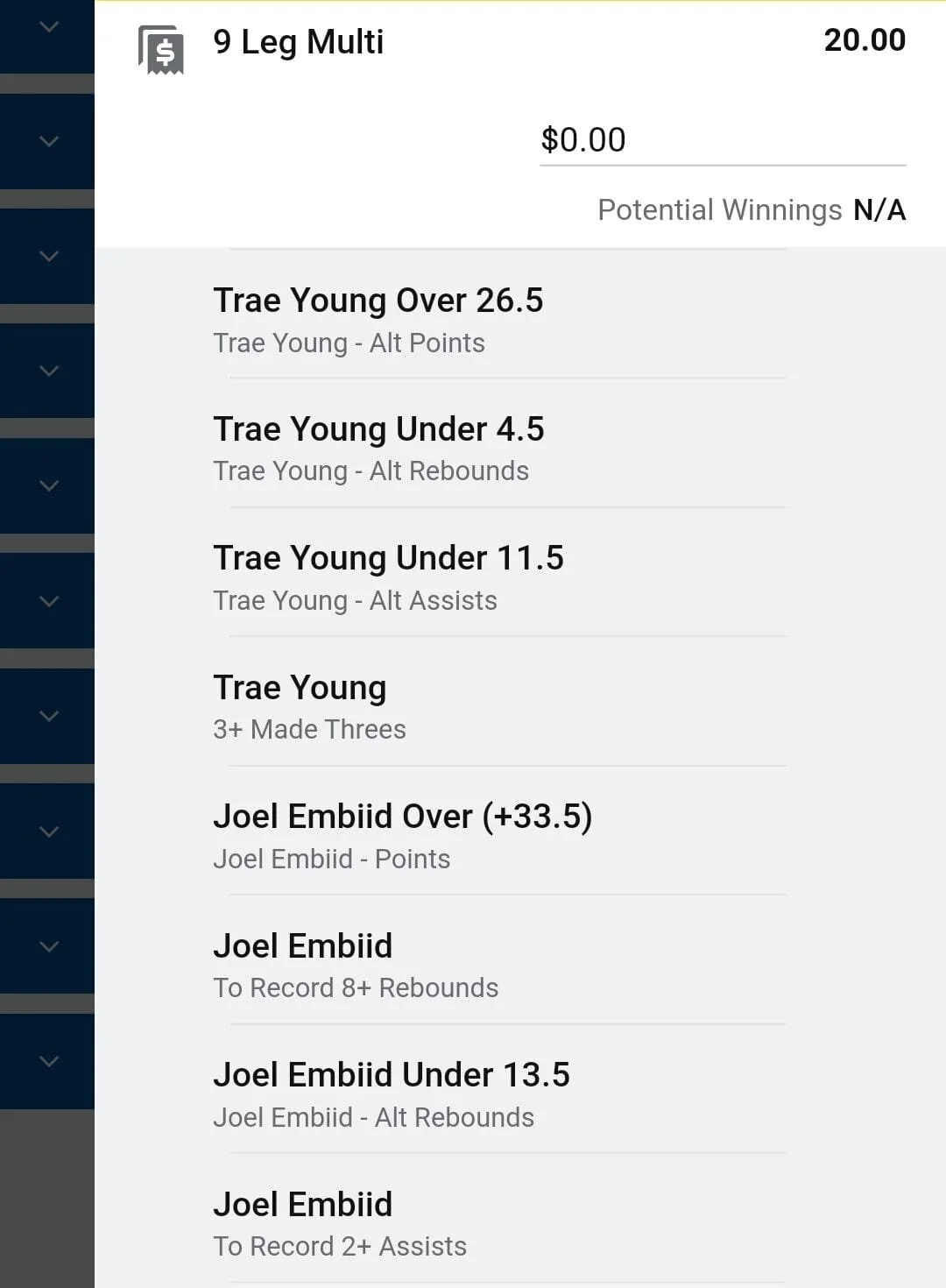 Trae Young x Joel Embiid, 1 unit. Take odds over $12