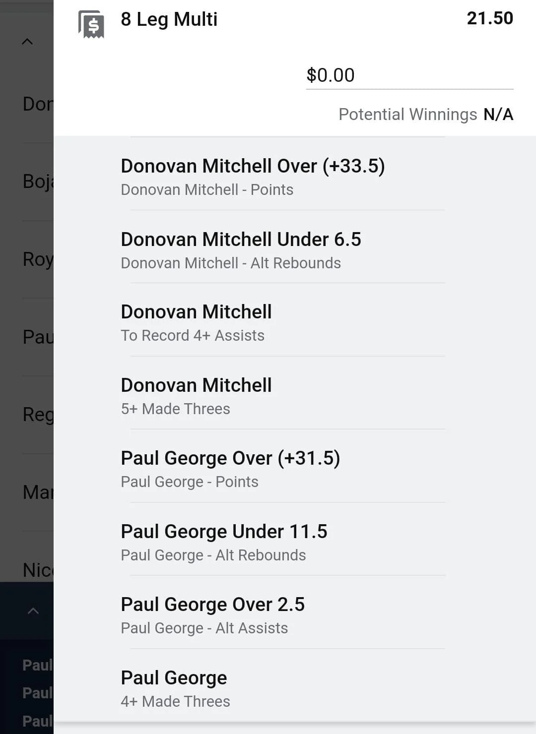Donovan Mitchell x Paul George 1 unit. Take odds over $12