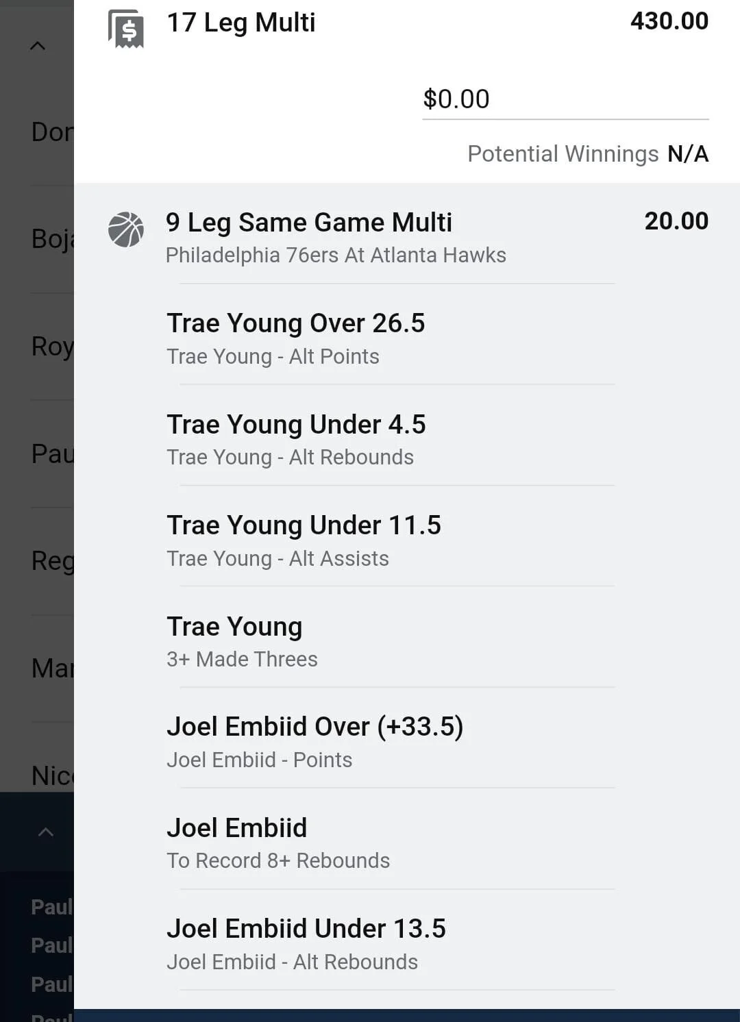 Trae x Joel x Donovan x Paul combination multi 0.5 units. Take odds over $144