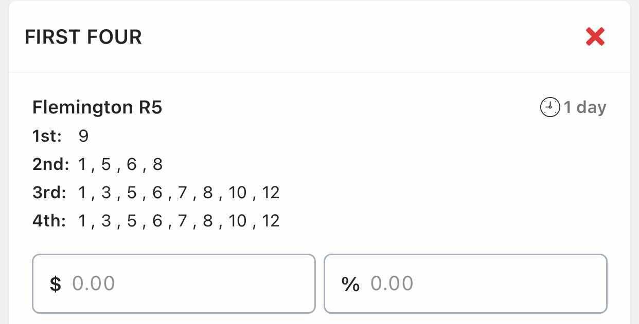 Flemington Race 5, First Four, Total Stake 1.5 Units.