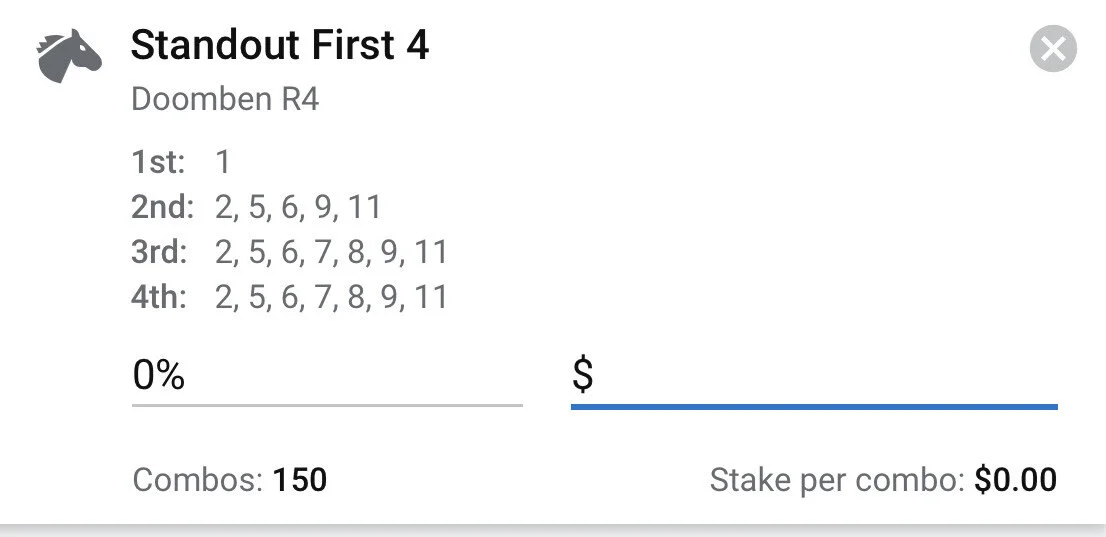 Doomben Race 4 - First 4 - Stake 2 Units, Best Book ANY