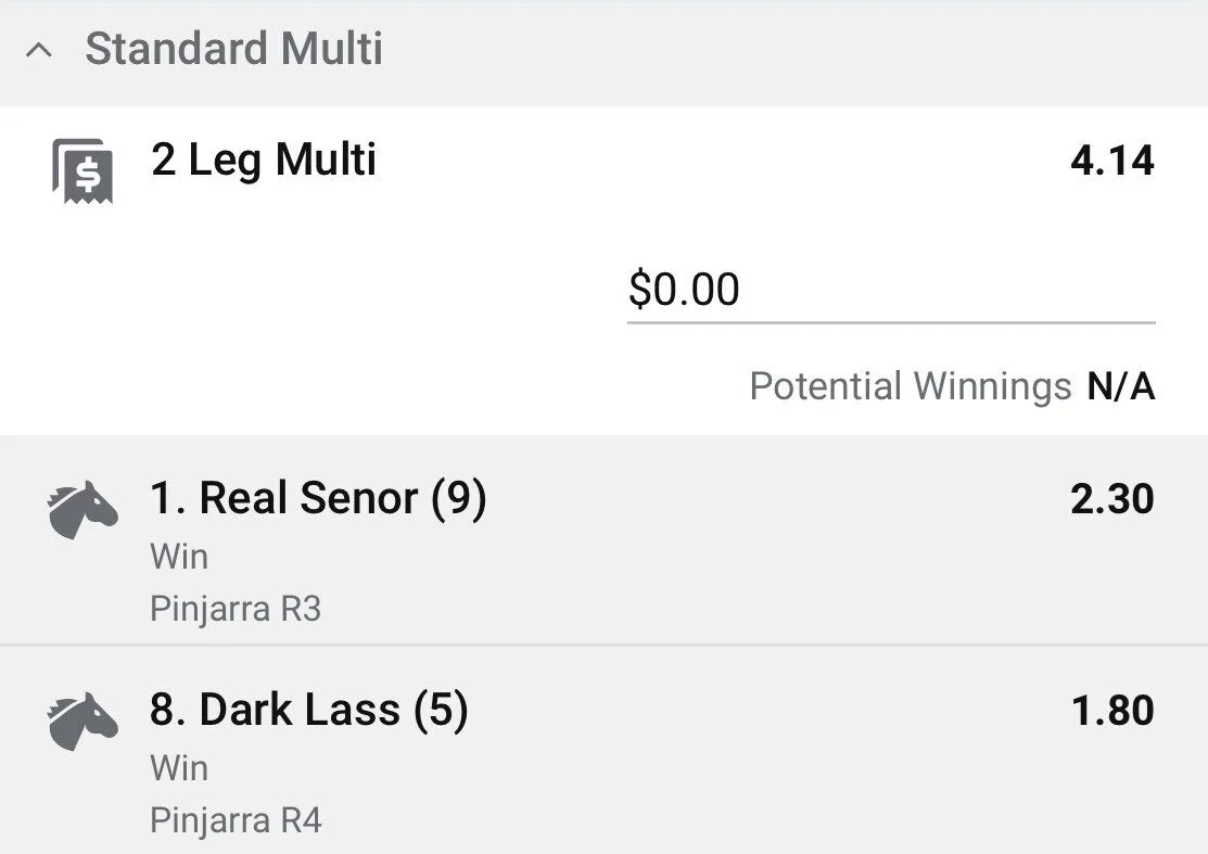 Pinjarra Double - Stake 1.5 Units, Best Book - Shop around at time of viewing.