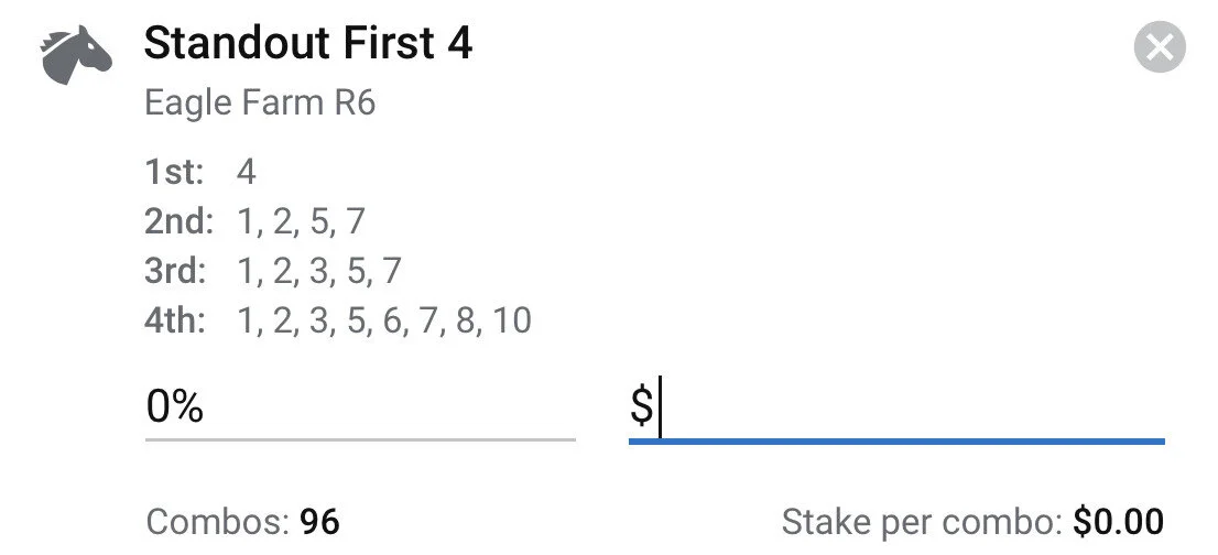 First 4 - Eagle Farm Race 6 - Stake 1.5 Units, Best Book ANY