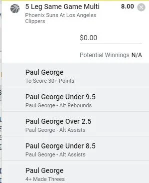 Paul George 2 units. Take odds over $5. Paul George has averaged 30.4ppg 10rpg 6.2apg since Kawhi Leonard went out injured. Paul George has hit this line 4 games out of 16 this post season. He's attempted 15,8 and 11 3 pointers in each respective game this series. Looking for him to hit 4 for us tomorrow.