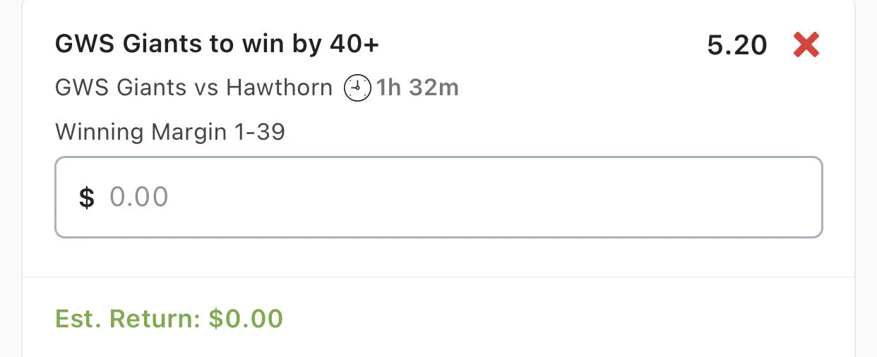 GWS WIN by 40+ - Stake 1 Unit, Minimum Odds 5, Best Odds Lads/Neds