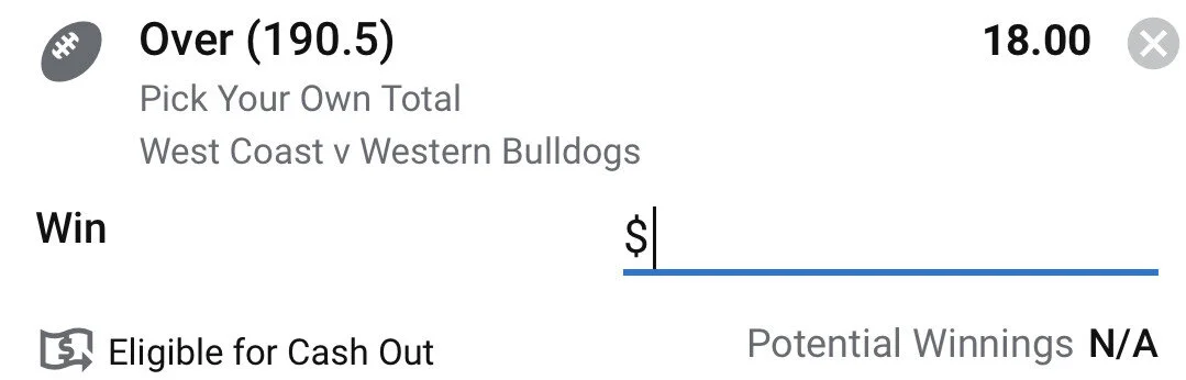 PYOT Over 190.5 - Stake 0.5 Units, Minimum odds 9.50, Best Odds SportsbetNote - I am aware there is rain forecast but these odds are too good to pass up for 2 high scoring free flowing teams on a large field like Optus.