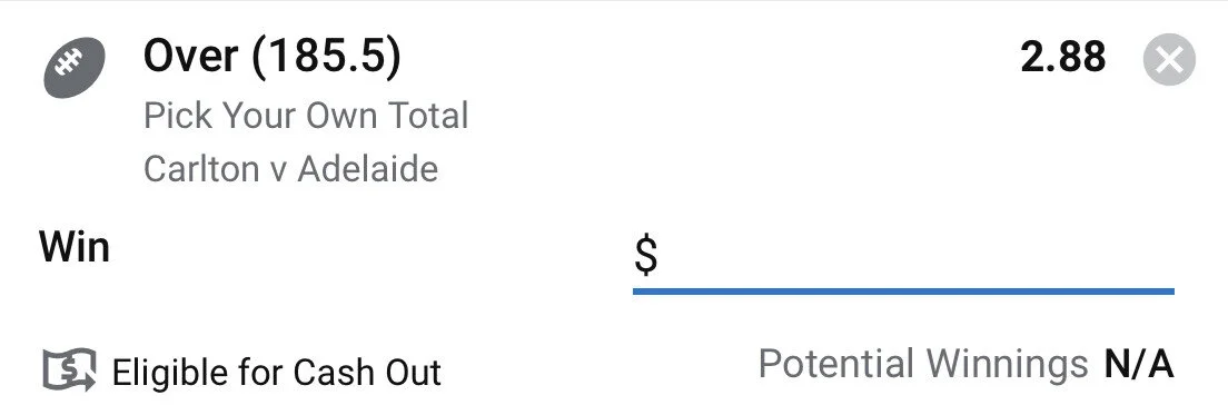 PYOT Over 185.5 - Stake 1.5 Units, Minimum Odds 2.7, Best Odds Sportsbet