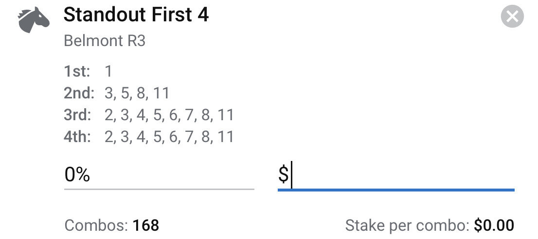 First 4 Belmont Race 3 - Stake 1.5 Units, Best Book ANY