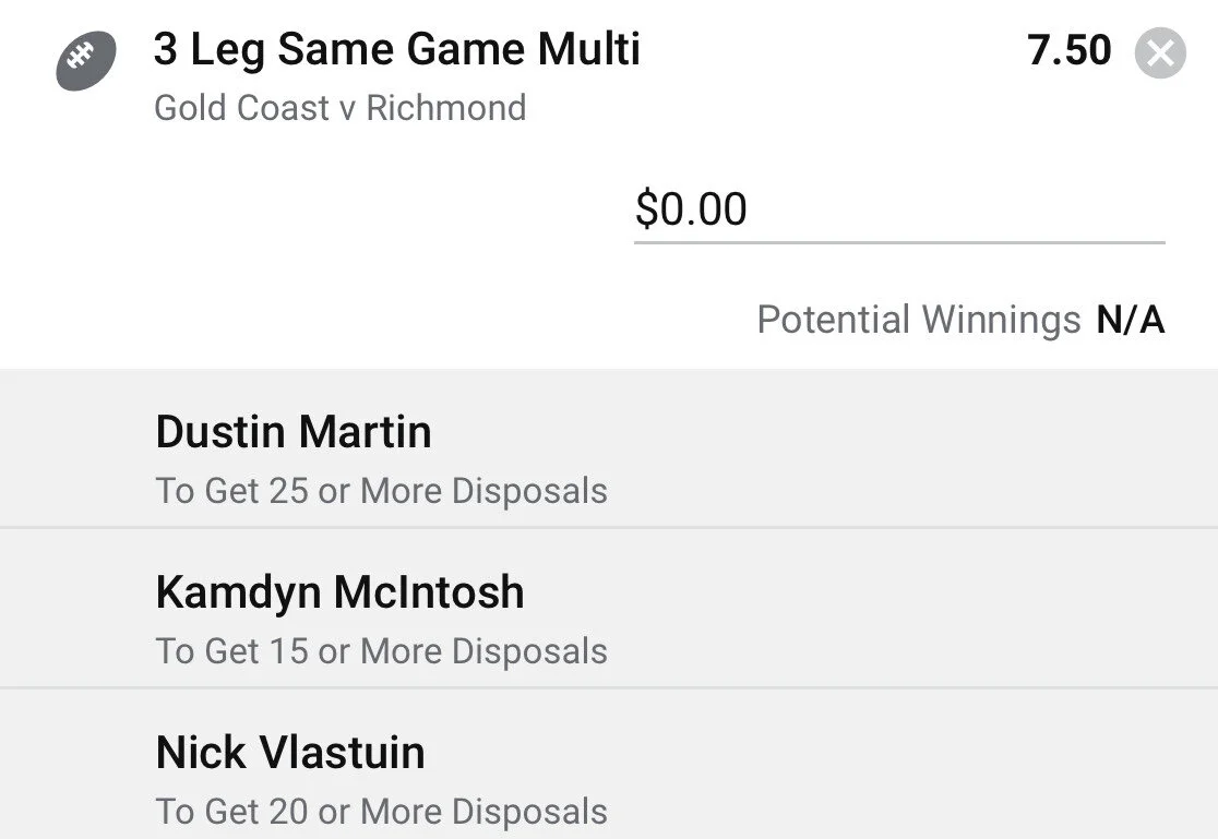 Tigers SGM - Stake 1 Unit, Minimum Odds 6.25, Best Book Sportsbet