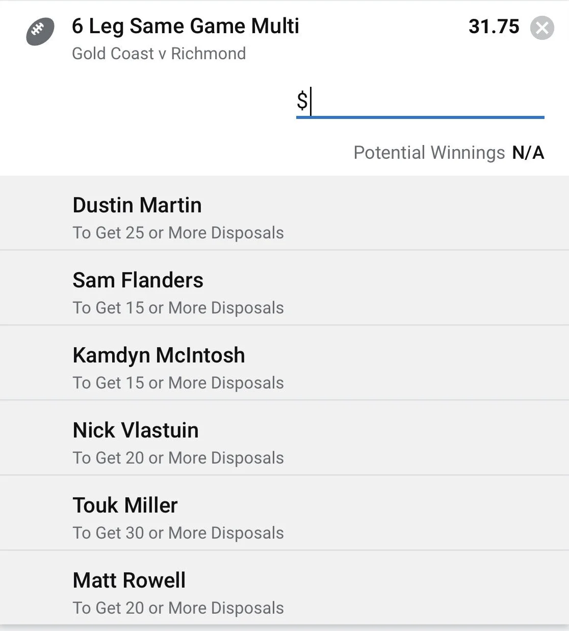 Suns/Tigers SGM - Stake 0.5 Units, Minimum Odds 22, Best Book Sportsbet