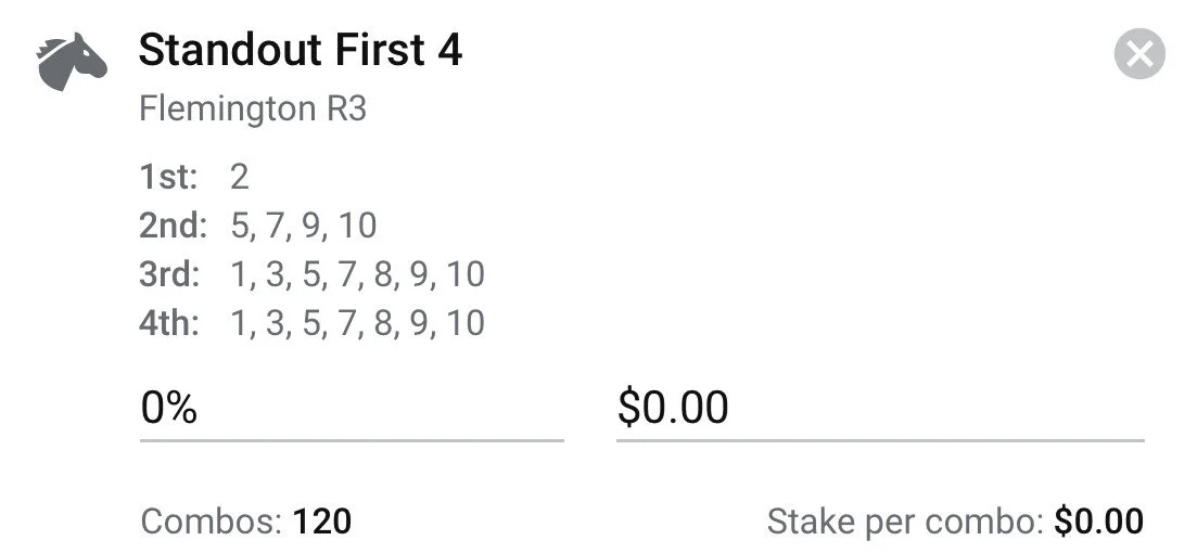 Flemington R3 First 4 - Stake 2 Units, Best Book ANY