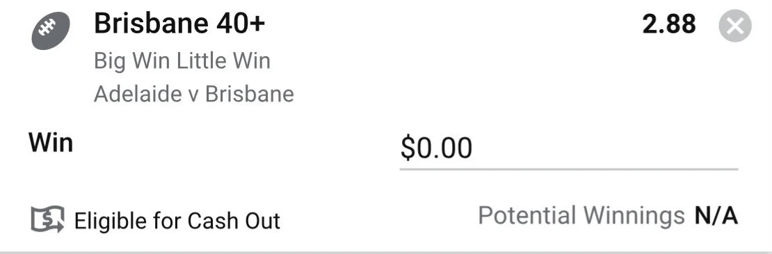 Lions 40+ WIN - Stake 1.5 Units, Minimum Odds 2.6, Best Book Sportsbet