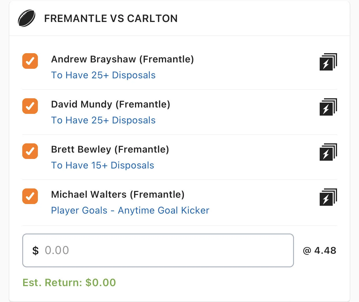 Freo SGM - Stake 1.5 Units, Minimum Odds 3.9, Best Odds Lads/Neds