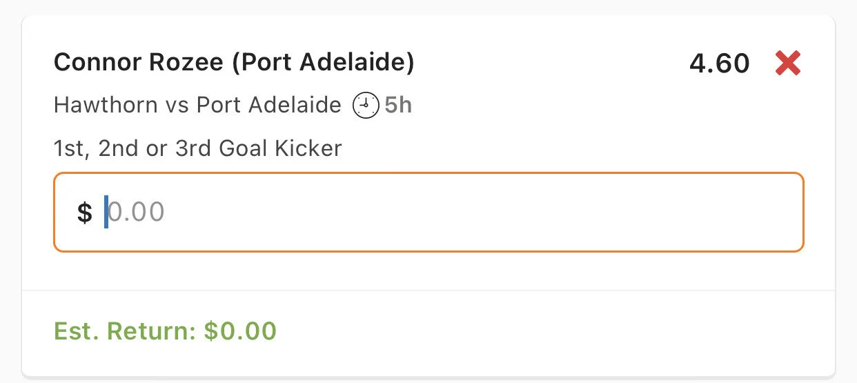 Rozee 1st, 2nd or 3rd Goal Kicker, Minimum Odds 4.2, Best Odds Lads/Neds