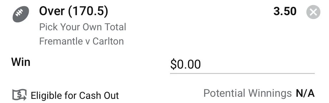 Freo v Blues O 190.5 PYOT - Stake 1.5 Units, Minimum Odds 3.2, Best Odds Lads/Neds