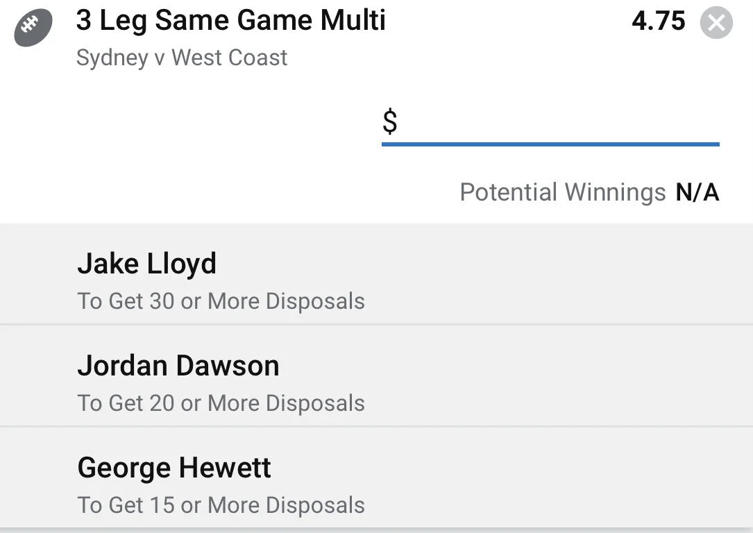 Swans SGM - Stake 1.5 Units, Minimum Odds 3.45, Best Book Sportsbet