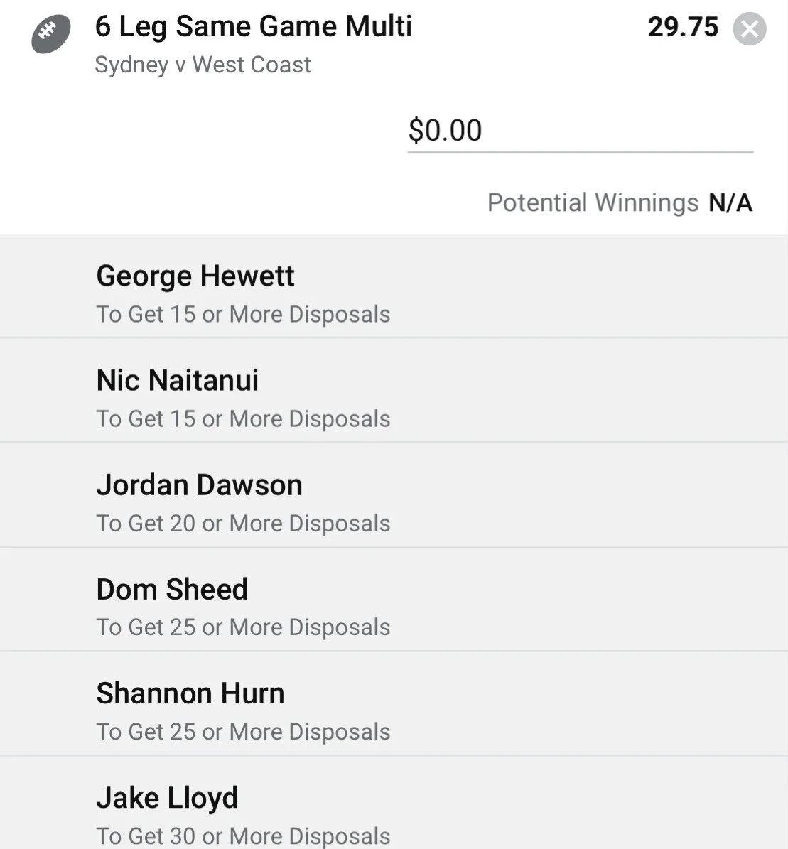 Eagles/Swans Combo SGM - Stake 0.5 Units, Minimum Odds 17, Best Book Sportsbet