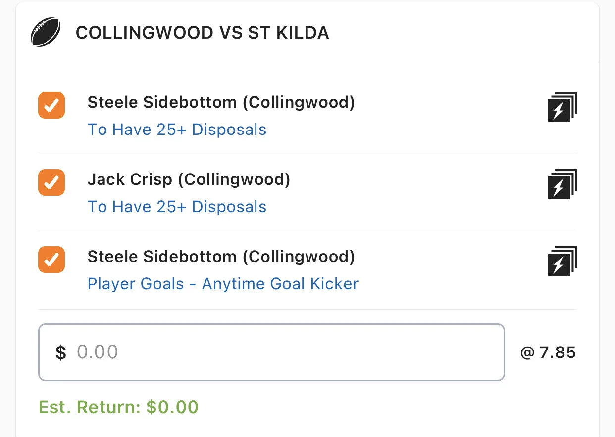 Pies SGM - Stake 1 Unit, Minimum Odds 7, Best Book Lads/Neds