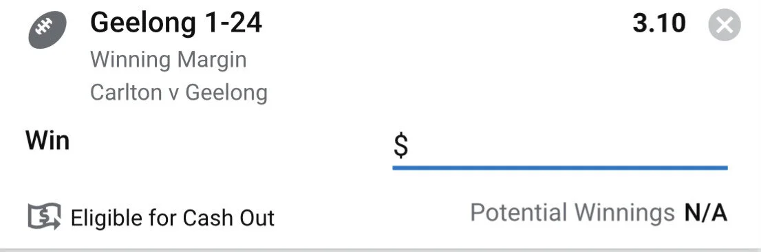 Cats WIN 1-24, Stake 2 Units, Minimum Odds 2.95, Best Odds Sportsbet