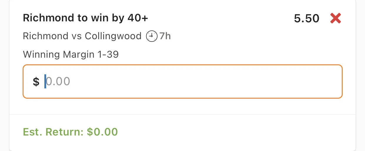 Richmond WIn 40+ - Stake 1 Unit, Minimum Odds 5.3, Best Odds Lads/Neds