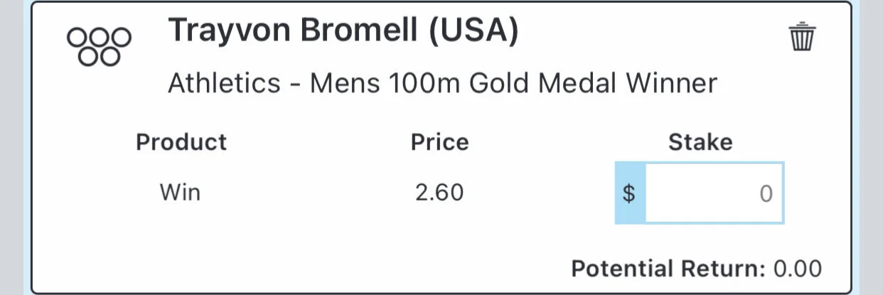 Bromell WIN - Stake 3 Units, Minimum Odds 2.25, Best Book TopSportBromell beat everyone he needed to a couple of weeks ago by a tenth of a second, which may not sound like much, but he had some in reserve and a decent margin in 100m sprints. I think in the final, he will be $1.50, so get in now.