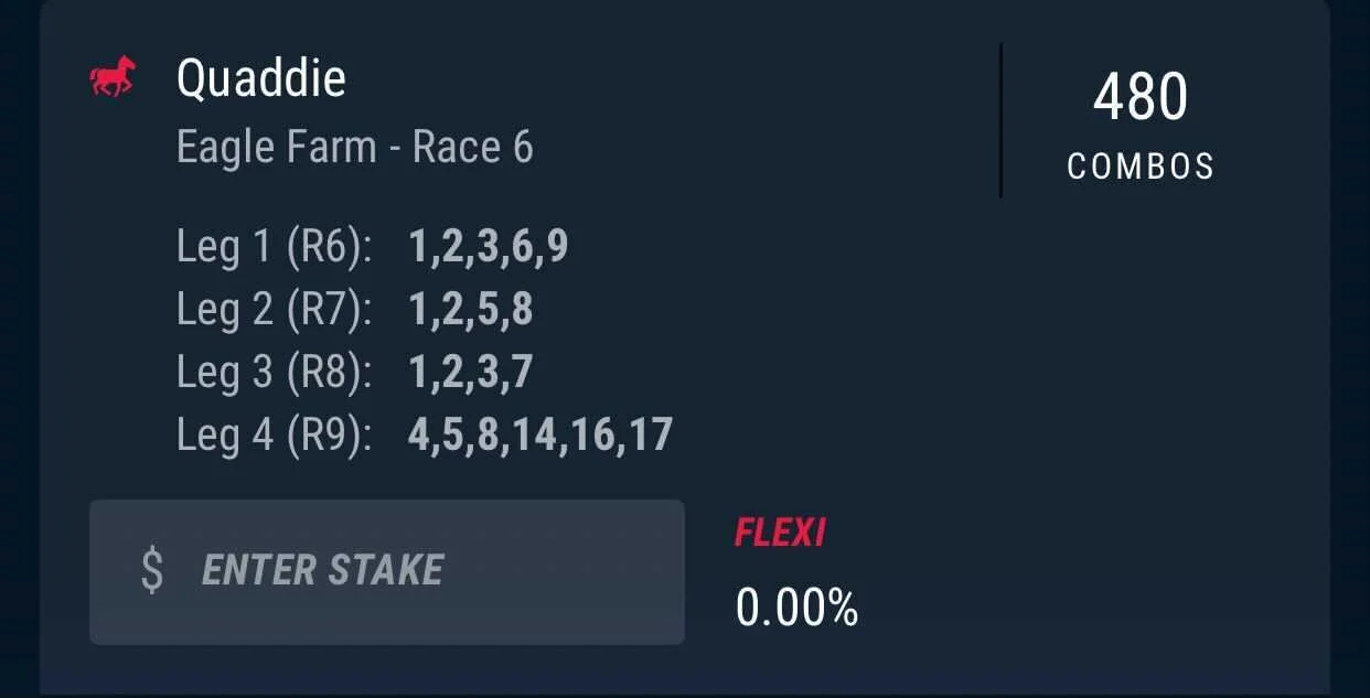 Eagle Farm Quaddie, Stake 2 Units, Best Book PointsBet.