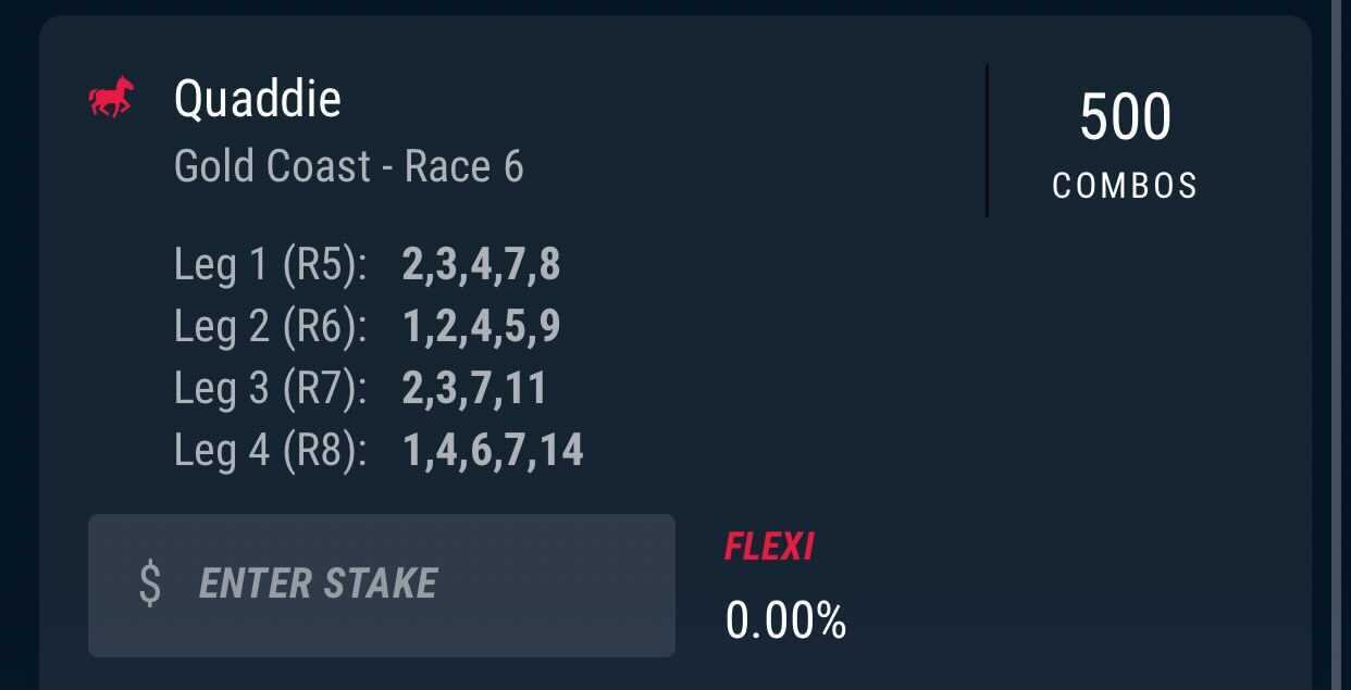 Gold Coast Quaddie, Stake 2 Units, Best Book PointsBet.