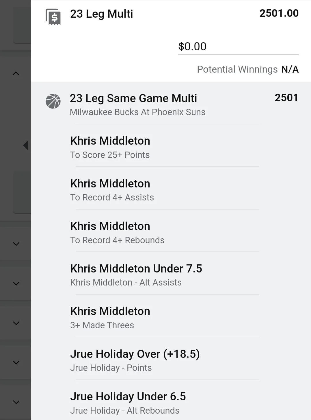 Khris x Jrue x Giannis x CP3 x Booker 0.5 units. Take odds over $1500