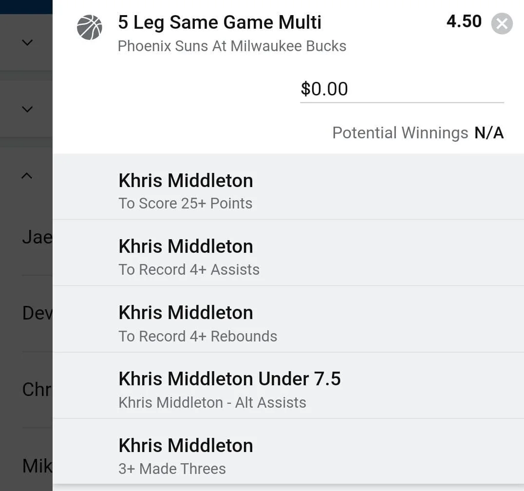 Khris Middleton 2 units. Take odds over $38 out of 22 he's hit this line this postseason.3 out of 5 games in playoff series v Suns.