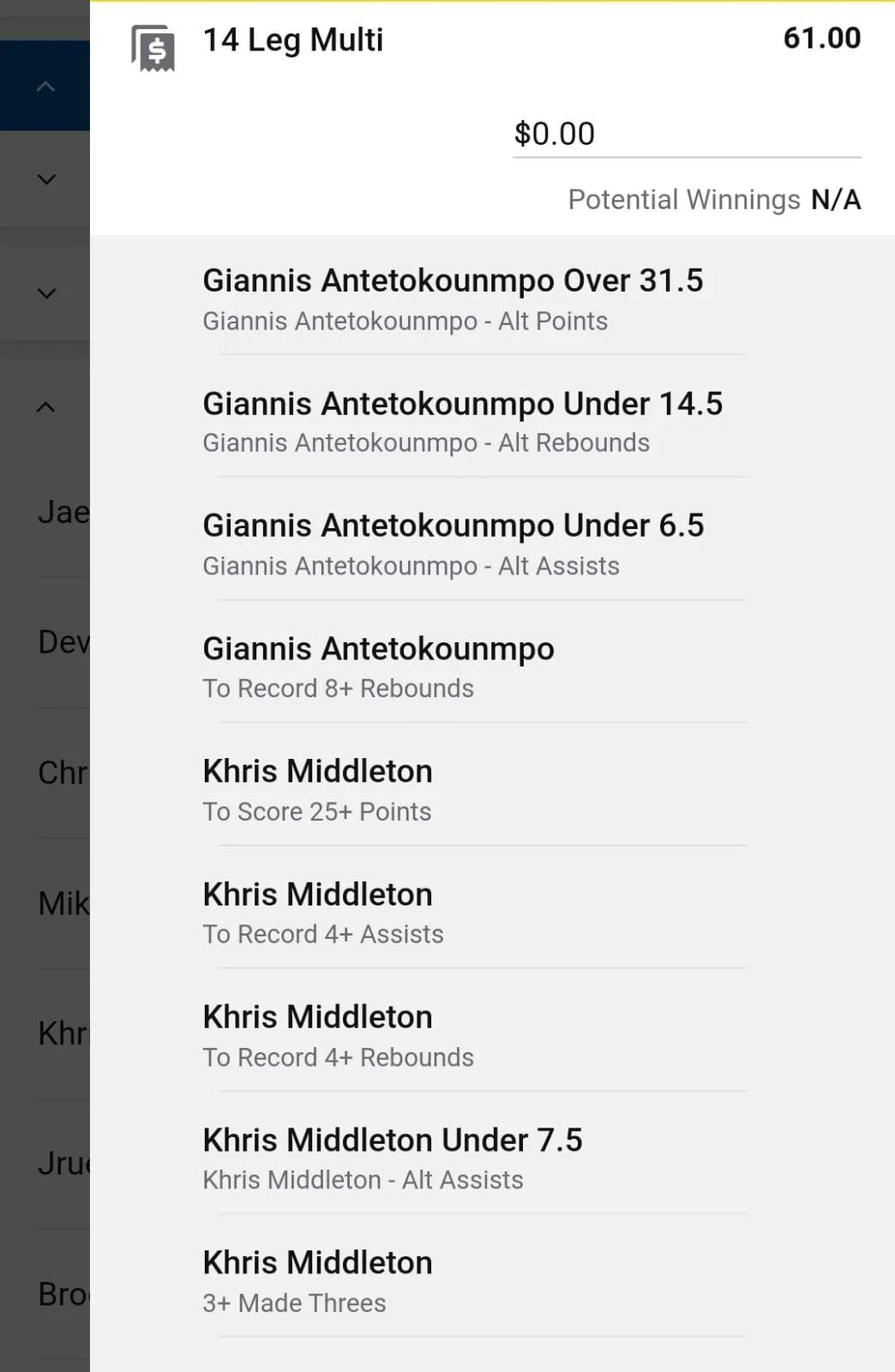 Giannis x Jrue x Khris 1 unit. Take odds over $30In playoff games they've hit those respective lines in 2 games together. Game 5 vs the Milwaukee Bucks and Game 3 vs the Atlanta Hawks.Khris Middleton23.9ppg 7.7rpg 5.1apgGiannis Antetokounmpo 29.2ppg 12.8rpg 5.3apgJrue Holiday 17.6ppg 5.6rpg 8.5apg