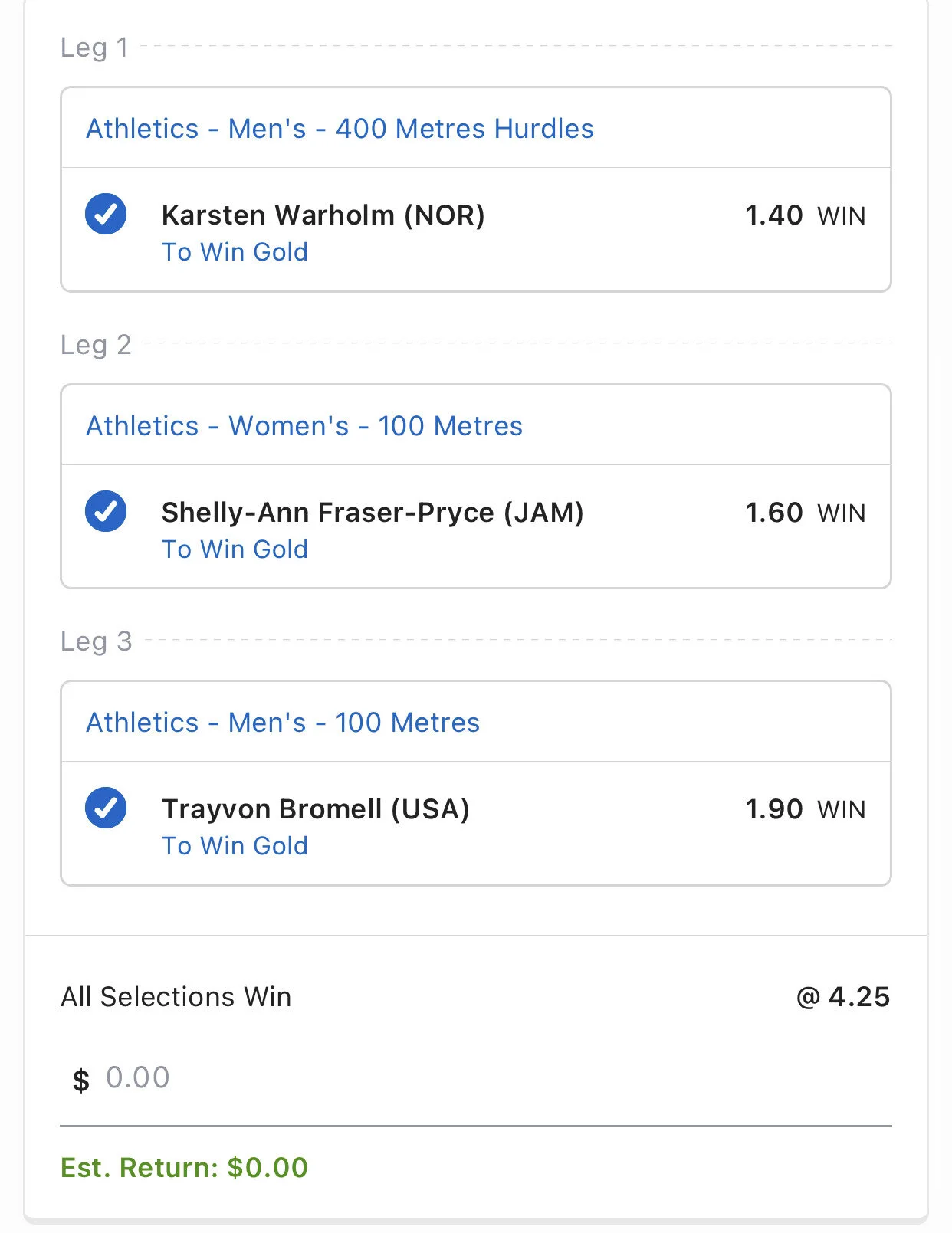Athletics Multi - Stake 2 Units, Minimum Odds 4, Best Book Lads/NedsThree favourites but rightfully so. Our previous mens 100m Sprint tip has come in to 1.90 as predicted but happy to still have those odds in a Multi. I don’t see anyone beating Fraser-Pryce in the women’s 100 and if feels mighty strange having a Norway track favourite in a multi but baring a hurdling mishap (rare in 400m) he takes home the gold, I’m confident in this multi.