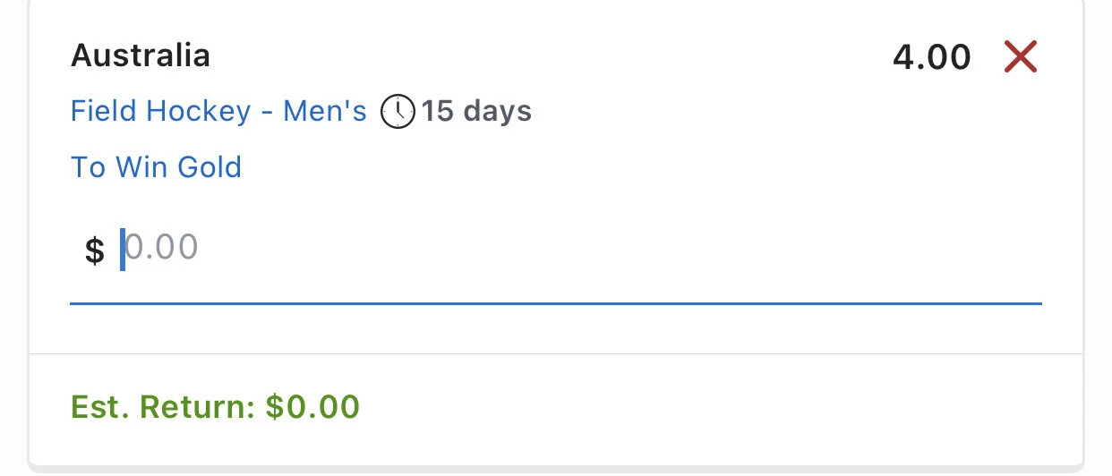 Mens Hockey - Australia WIN - Stake 1.5 Units, Minimum Odds 3.75, Best Book Lads/Neds3.50 on some books and $4 is overs for a team who is either winning gold or getting very close to. I don’t follow hockey that often but did consult with someone who formally played at a high level and has a big interest in it as confirmed this is overs. Get on and cheer them on as well!