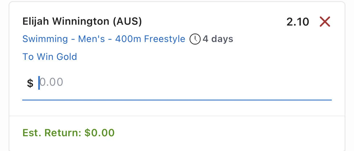 Mens 400m Freestyle - Winnington WIN - Stake 3 Units, Minimum Odds 2, Best Book Lads/NedsThe longer the events the harder it is for favourites to get run down (swam down?) and a lot of the focus is on Australia’s Female swimming chances but Winnington is a super shout to bring home a gold here. Anything over even odds is value, love it.