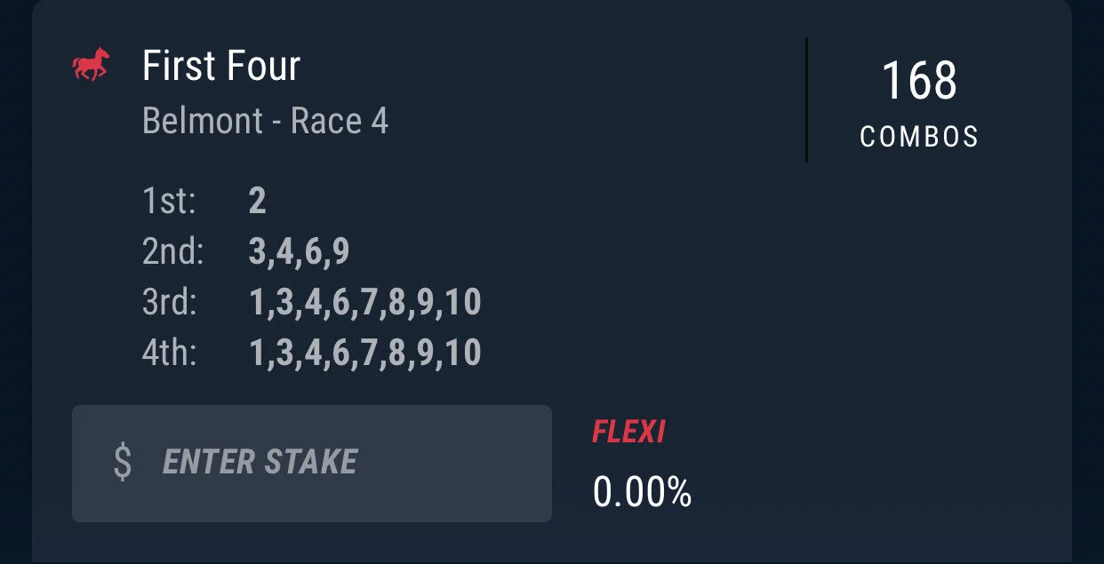 Belmont Race 4 - First 4 - Stake 1.5 Units, Best Book Pointsbet