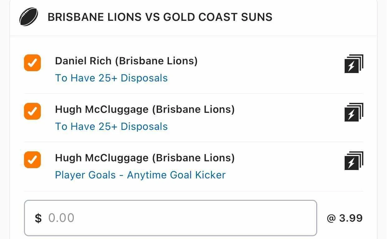 Lions SGM, Stake 2 Units, Min Odds $3.15, Best Book Lads/Neds