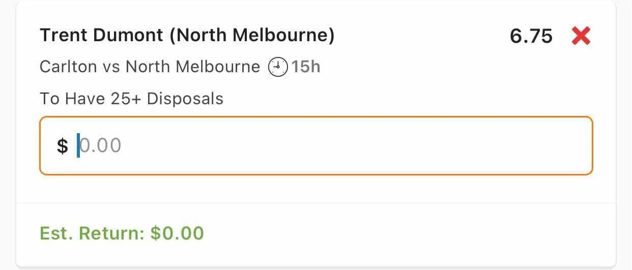 Dumont 25+ Disposals, Stake 1 Unit, Min Odds $6, Best Book Lads/Neds