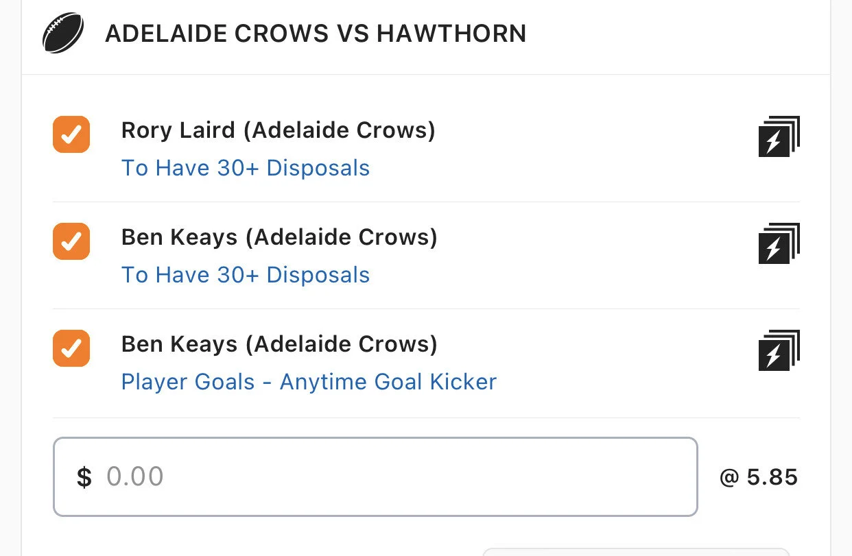 Crows SGM - Stake 1 Unit, Minimum odds 5, Best Book Lads/Neds