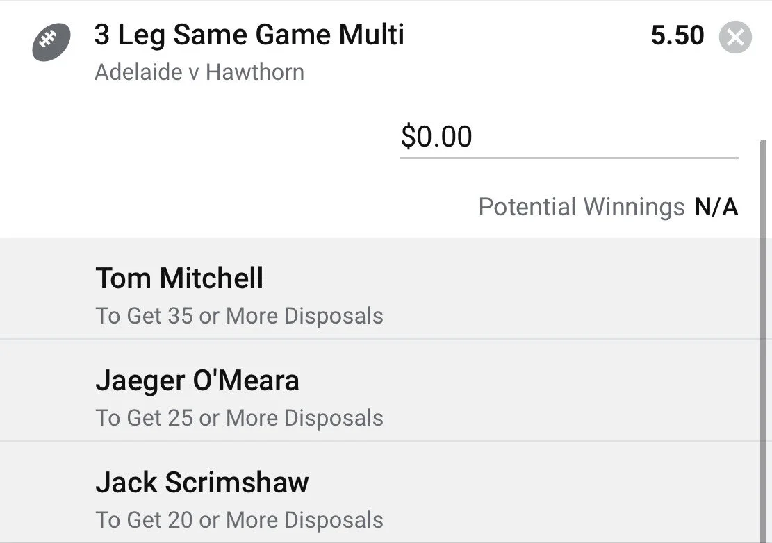 Hawks SGM - Stake 1 Unit, Minimum Odds 4.75, Best Book Sportsbet