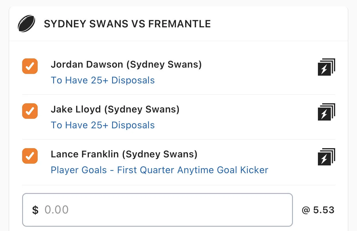 Swans SGM - Stake 1.5 Units, Minimum odds 4.9, Best Book lads/Neds