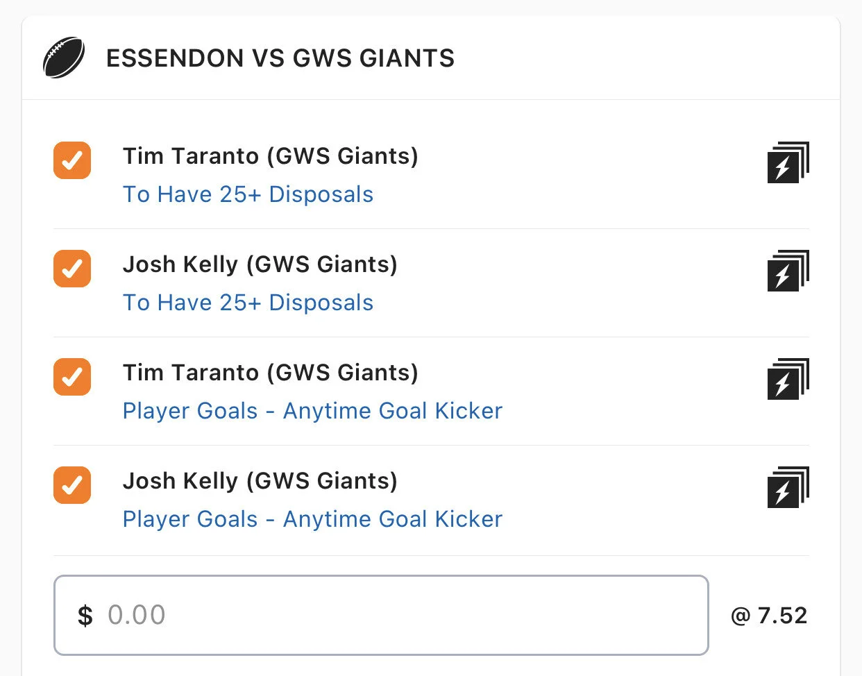 GWS SGM - Stake 1 Unit, Minimum Odds 6.7, Best Book Lads/Neds