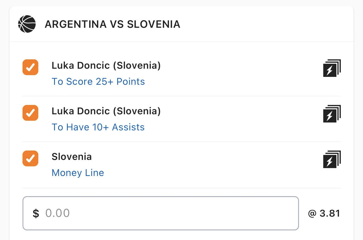 Doncic SGM - Stake 2 Units, Minimum Odds 3.25, Best Book Lads/NedsIn Luka we trust. I’ve faded rebounds as I think he is going to be doing a lot of playmaking and scoring but want to see how he goes on the glass in the first couple of games. He is used to FIBA rules and should dominate this whole tournament and may take Slovenia to a gold as the Yanks look very very sub par.