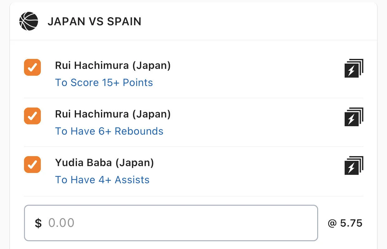 Japan SGM - Stake 1 Unit, Minimum Odds 5.2, Best Book lads/NedsWe have seen what Rui can do and he is the main guy in this Japanese team, we have also seen what Baba can do in the NBL, think these 2 are the guys to make them somewhat competitive against the oldest Basketball team I’ve seen in Spain