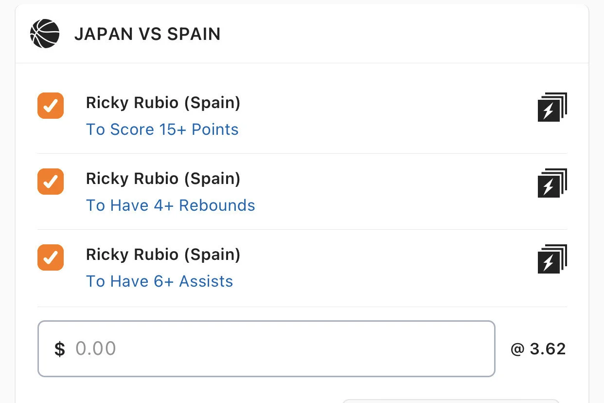 Rubio SGM - Stake 2 Units, Minimum Odds 3.2, Best Book Lads/NedsThis team is so old, so so old but it does feel like yesterday we were watching Rubio run around at his first Olympics. I expect him to lead the charge and have some ready solid lines all tournament.