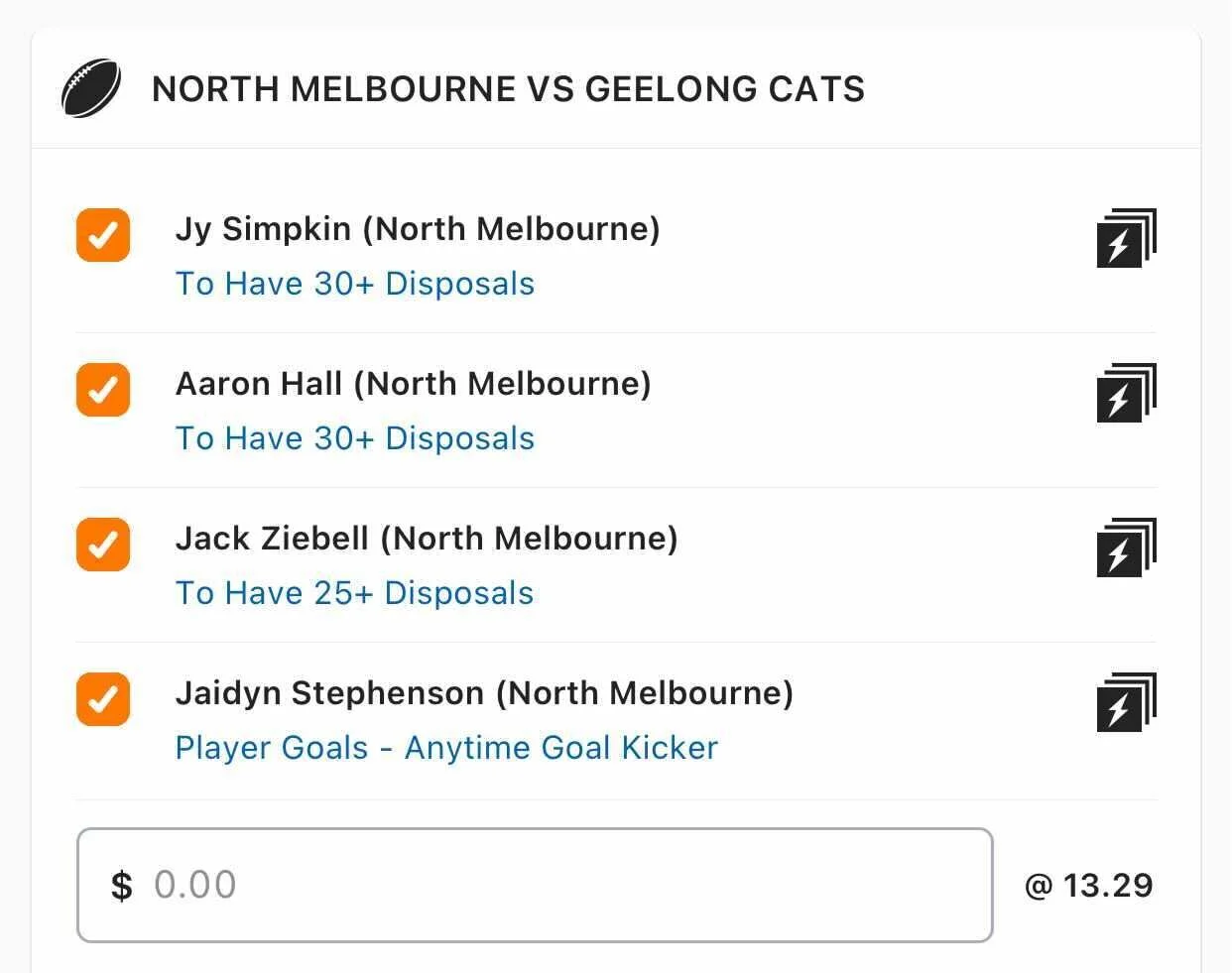 Kangas SGM, Stake 0.5 Units, Min Odds $11.50, Best Book Lads/Neds