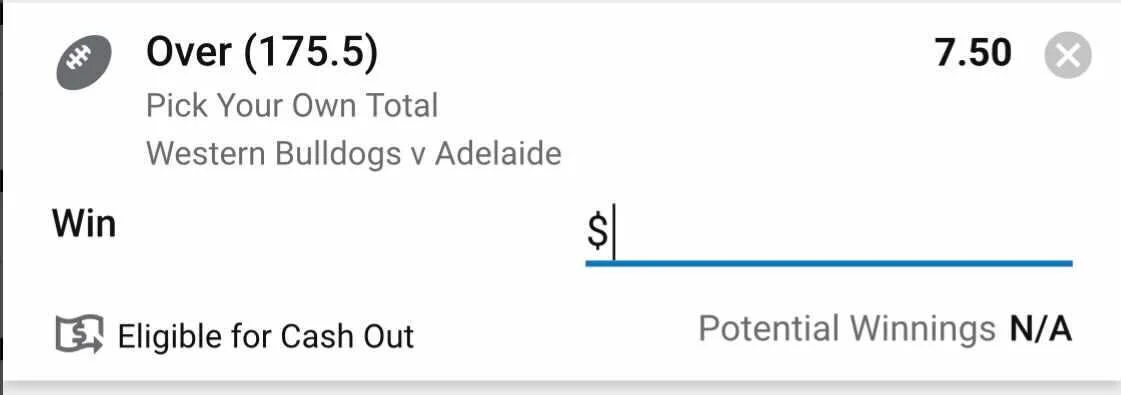 Dogs v Crows Over 175.5 Points, Stake 1 Unit, Min Odds $6.50, Best Book Sportsbet